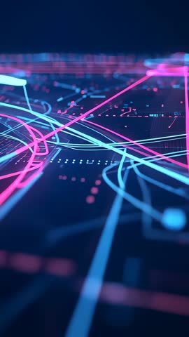 Vertical neon circuit animation flowing over grid plane with pulsing pink and cyan lines