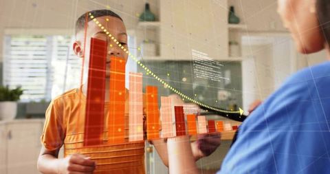 Child interacting with ar bar chart in kitchen for home data lessons and financial literacy