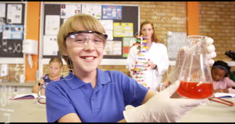 Joyful Young Scientist Conducting Experiment in School Laboratory