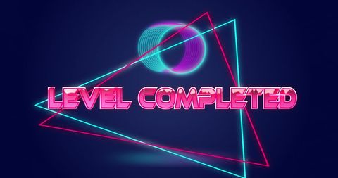 Retro neon level completed banner with triangular graphics