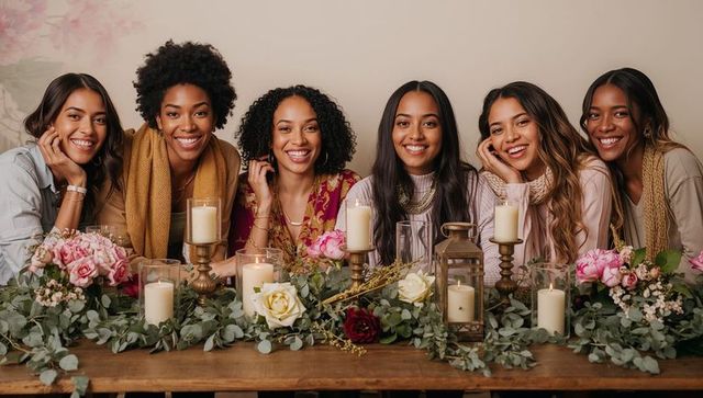 Smiling women gathered at candlelit floral table celebrating friendship and joy