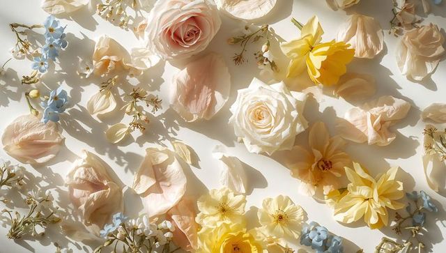 Pastel floral flatlay with pale pink roses and yellow blooms casting soft shadows