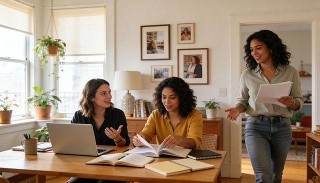 Three Women Collaborating in Home Office Reviewing Papers, Brainstorming and Working on Laptop