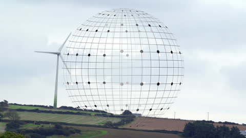Digital Global Sphere Over Wind Turbine in Rural Landscape
