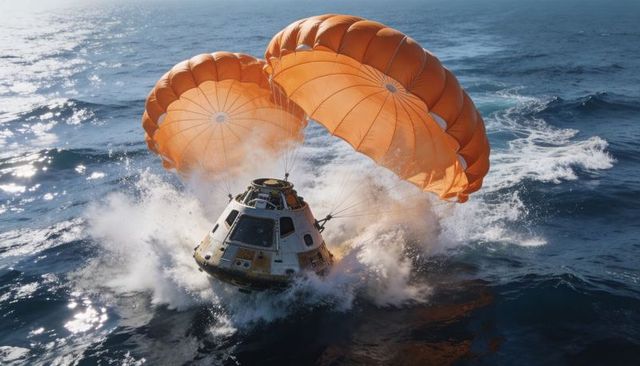 Reentry capsule splashing into open ocean under inflated orange parachutes
