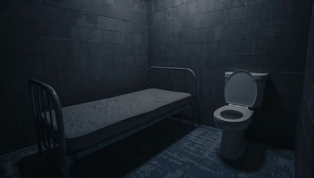 Bleak Prison Cell Room With Bed and Toilet