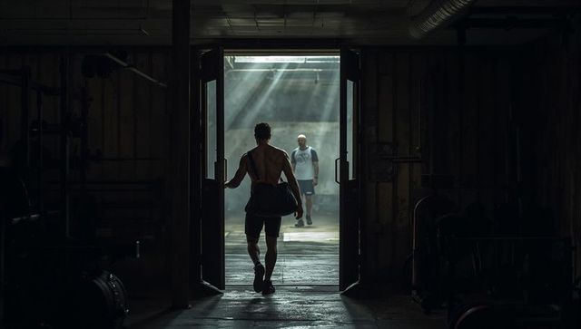 Muscular athlete entering dim industrial gym doorway with dramatic sun rays