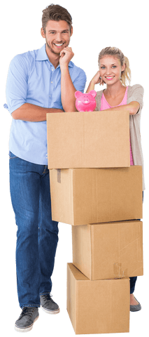 smiling couple with moving boxes and transparent piggy bank - Download Free Stock Videos Pikwizard.com