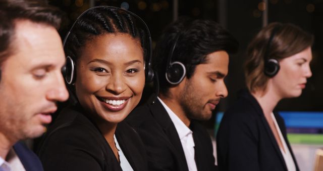 A diverse group of professionals wearing headsets are focused on their tasks, with the African American woman in the foreground smiling at the camera, with copy space. They appear to be part of a customer support or call center team, providing assistance to clients.