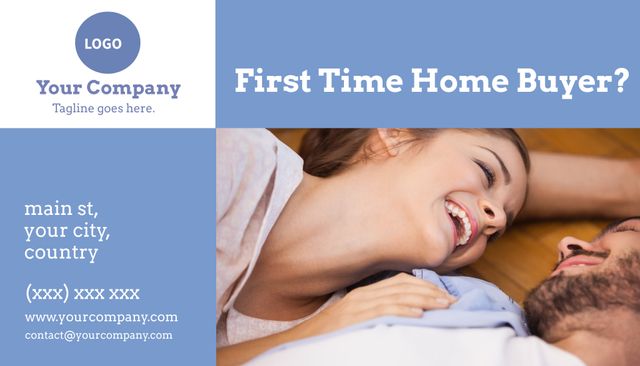 Happy couple lying on floor representing the excitement of buying a first home, perfect for real estate promotions. Use this for marketing strategies, social media ads, website banners, or brochures to attract first-time buyers.