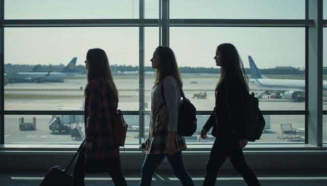 Three travelers walking through airport terminal silhouettes carrying luggage by window