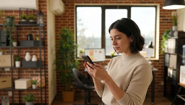 Woman checking smartphone in modern brick-wall office, minimalist workspace, daylight mood