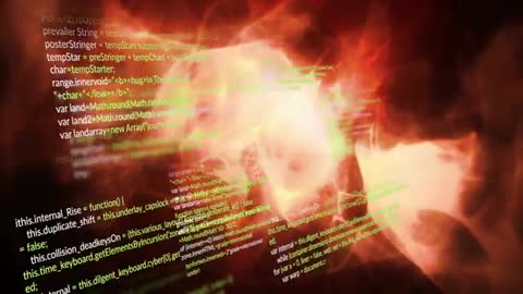 Digitized Vortex with Scrolling Green Code on Red Background