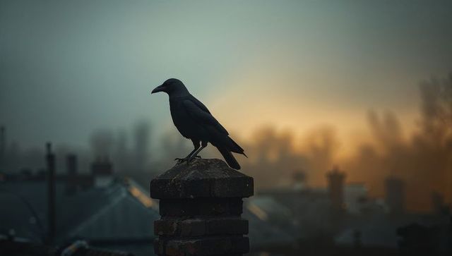 Silhouette of Black Crow Perching on Rooftop at Dawn