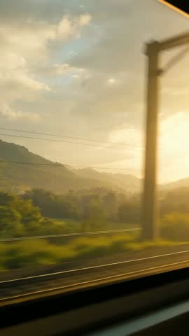 Traveling train window capturing golden-hour sunset over rural valley with power poles