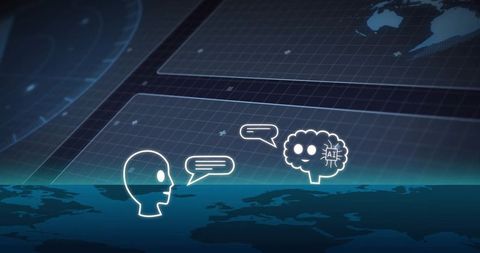 Futuristic dialogue between human head and ai brain on digital interface