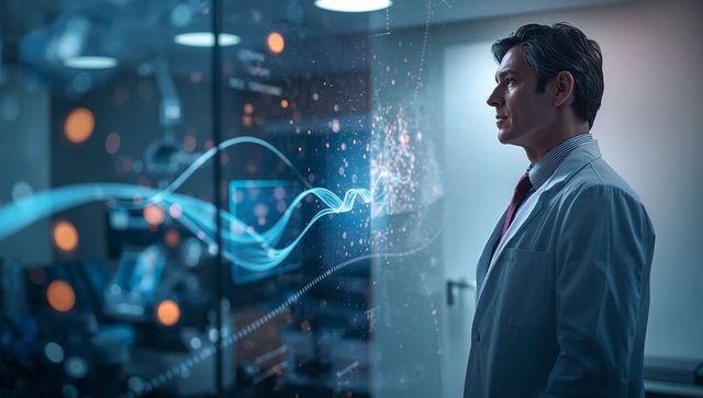 Scientist studying holographic data waveforms on lab glass for ai research and diagnostics
