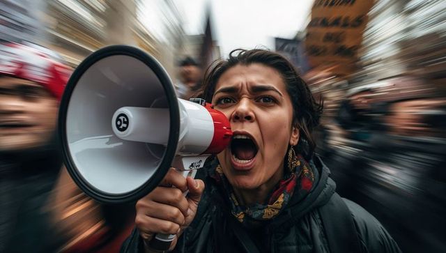 Shouting female activist holding megaphone leading urban protest with motion blur energy