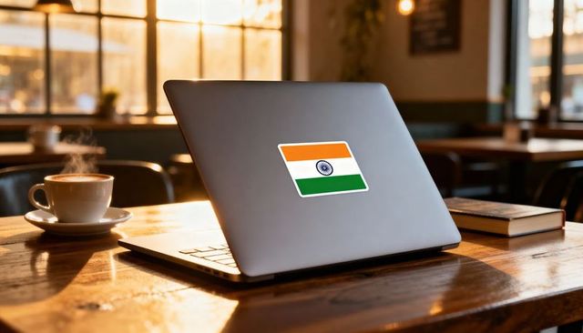 Cafe workspace with laptop showing indian flag sticker next to steaming cup and notebook