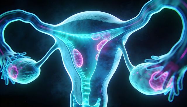 Translucent uterus with highlighted ovarian nodules, medical 3d visualization
