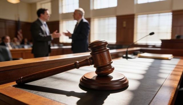 Wooden gavel resting on judge bench with blurred attorneys discussing courtroom litigation
