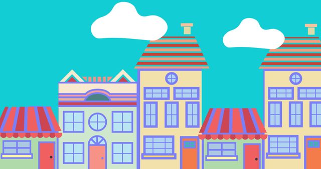 This colorful abstract illustration features a row of playful houses with red roofs and various windows and doors, set against a vivid turquoise sky with floating white clouds. The cartoonish and whimsical design makes it perfect for use in children's books, educational materials, posters for kids' rooms, or any project needing a fun and vibrant urban scene.