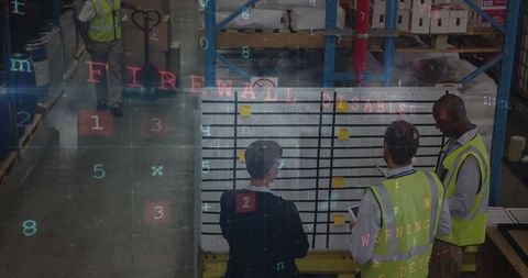 Warehouse workers analyzing planning board in distribution center