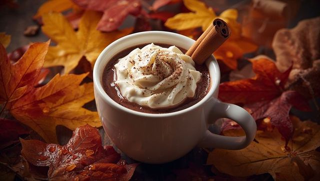 Warm cup of hot chocolate with whipped cream and cinnamon stick