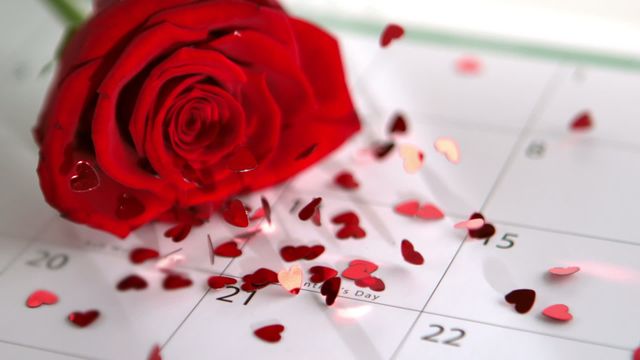 Close-up of a red rose with heart-shaped confetti scattered on a calendar, highlighting Valentine's Day. This could be used for promotions, greeting cards, advertisements related to Valentine's Day celebrations, romantic events, dating services, or floral arrangements.