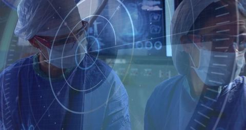 Surgeons in operating room analyzing digital scans with technology