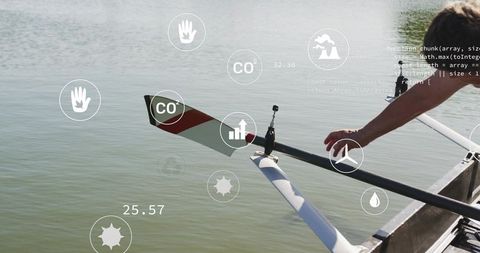 Senior woman reaching for oar on calm lake with environmental data overlay and copy space