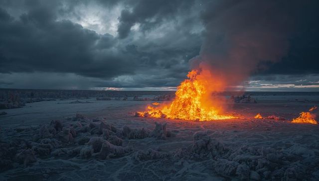 Intense blaze during frosty twilight transforming frozen landscape