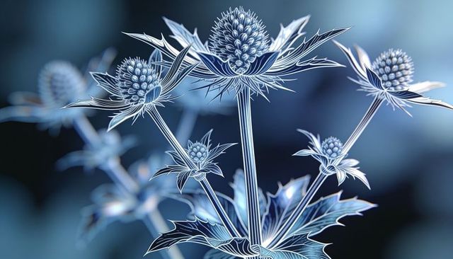 Icy blue thistle blooming with silver veined leaves macro botanical close-up