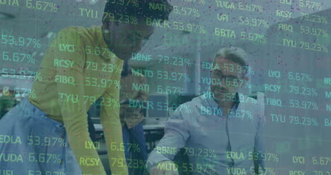 Colleagues Analyzing Stock Market Data Overlay in Modern Office