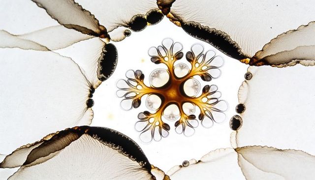 Backlit amber star droplet radiating six-lobed radial pattern with translucent bubbles