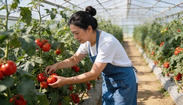 Woman harvesting ripe tomato cluster in commercial greenhouse wearing denim apron