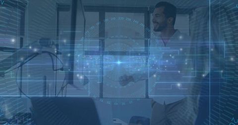 Smiling physician shaking hand with colleague amid holographic healthcare interface