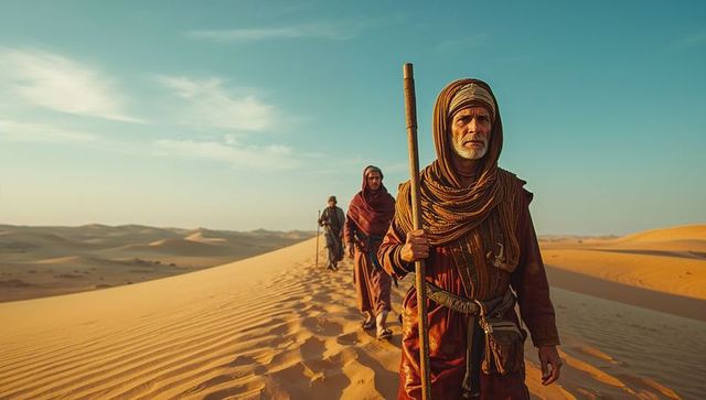Trekking across majestic desert dunes at sunset