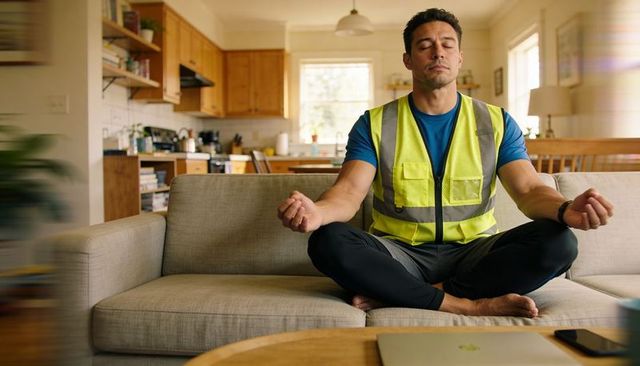 Construction worker meditating on sofa wearing high-visibility vest in home living room