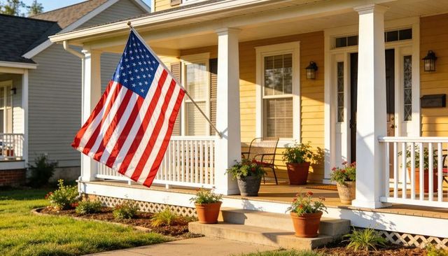 Sunlit american flag waving on charming yellow front porch with potted flowers and chair