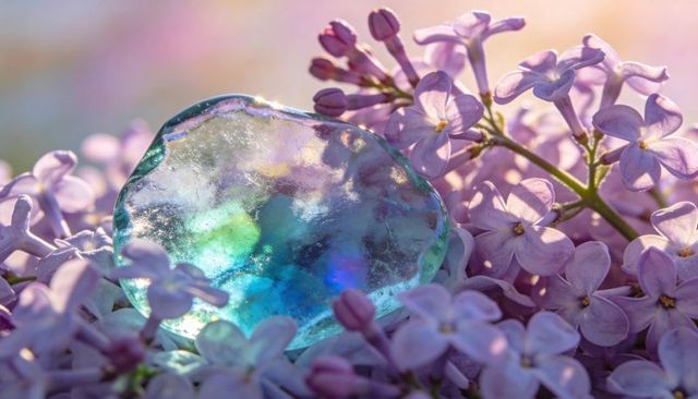 Iridescent aqua glass stone nestled in lilac blossoms with soft bokeh macro detail