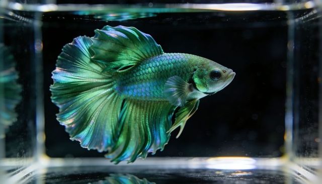 Gliding iridescent teal betta fish with flowing metallic fins in glass aquarium