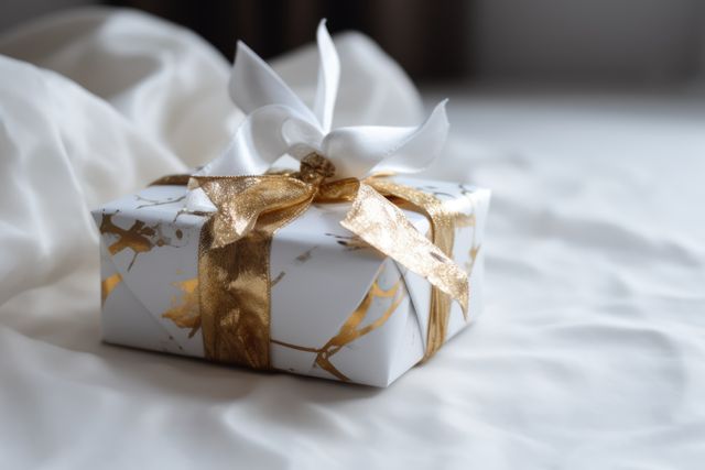 Close up of white gift with ribbon on white background, created using generative ai technology. Gift, present, giving and celebration concept digitally generated image.