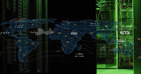 Futuristic Digital World Map in Data Center