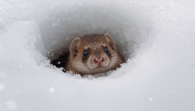 Curious weasel peeking from snow burrow with ice crystals close-up winter wildlife