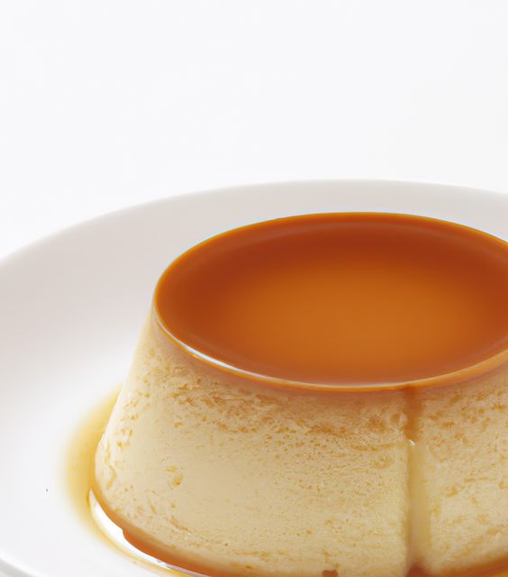 Close up of flan on white plate created using generative ai technology. Baking, food and cake concept, digitally generated image.