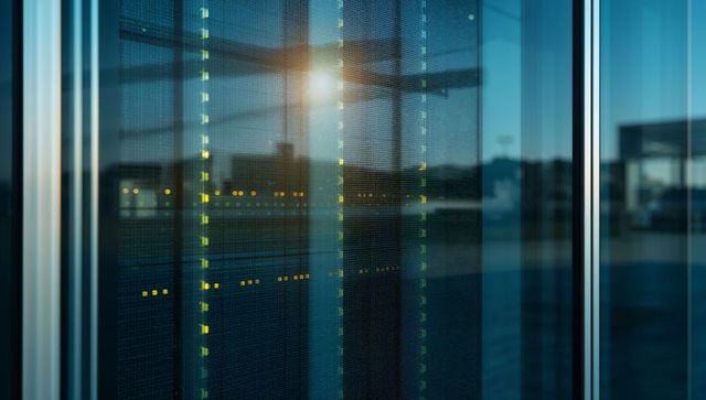 Glowing server rack behind glass reflecting city skyline at sunset with led indicators