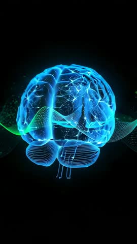 Rotating holographic brain reacting to neon ribbon, pulsing neural network visualization