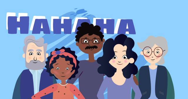 Illustration of hahaha text and multiracial coworkers standing against blue background, copy space. Vector, international week of happiness at work, together, happy, holiday and awareness concept.