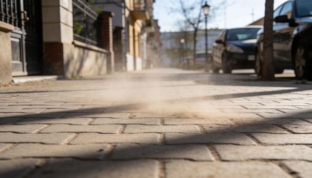 Rising dust plume drifting over sunlit urban pavers low-angle ground-level street scene